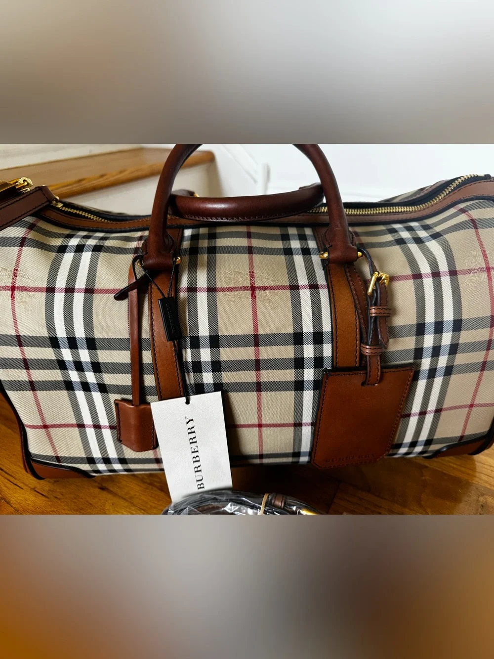 Burberry Beige Vintage Check Large Duffel with Brown Leather Trim